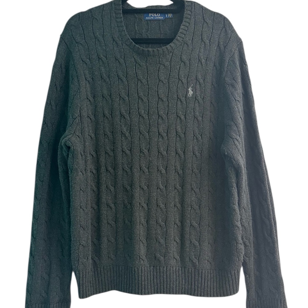 Vintage Polo Ralph Lauren Dark Gray Cable Knit Crew Neck Sweater - Men's Large - Picture 4 of 5